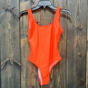NWT Shekini One Piece Swimsuit XS Neon Orange Open Back High Cut No Padding Swim